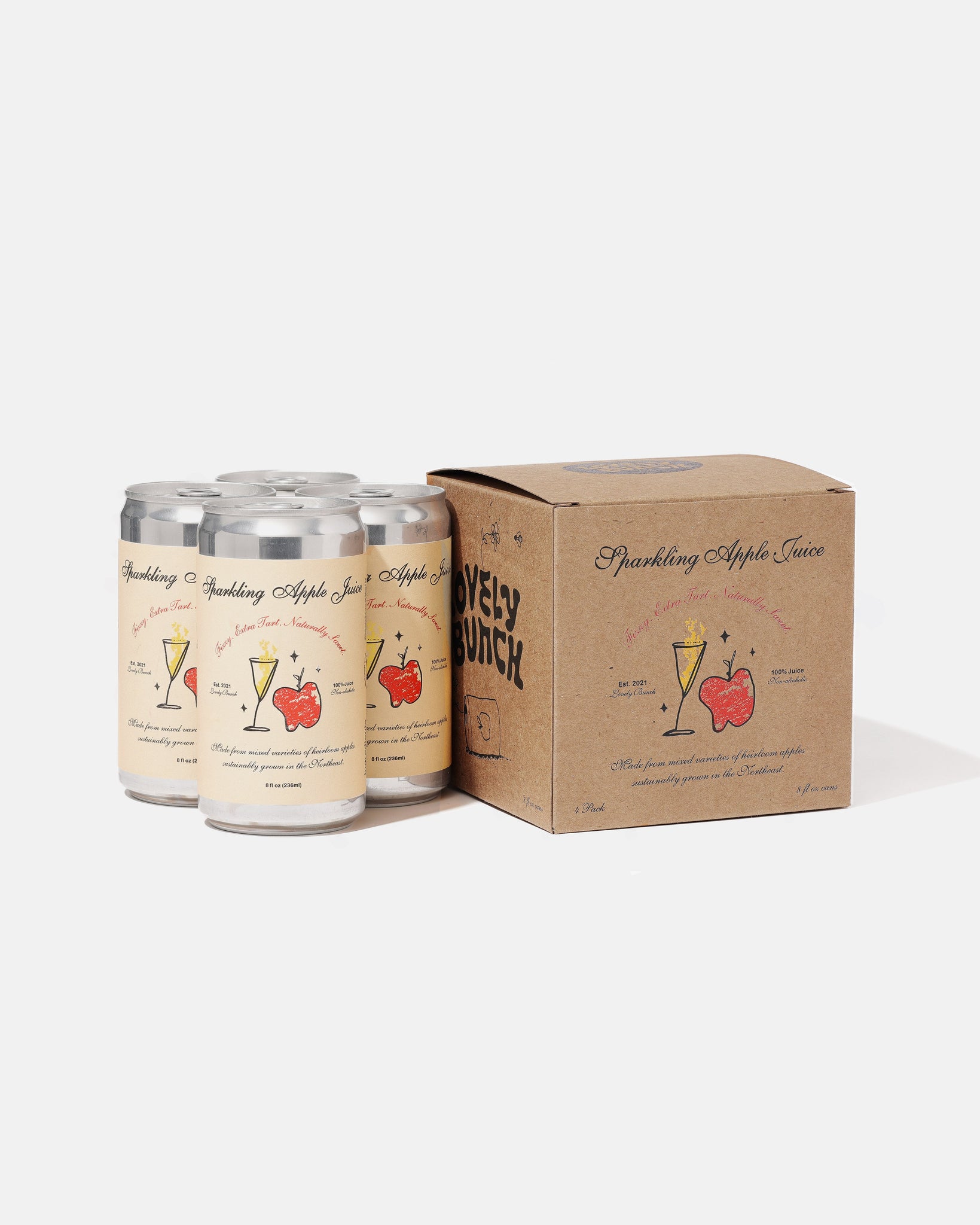 Lovely Bunch Sparkling Apple Juice cans and packaging box 